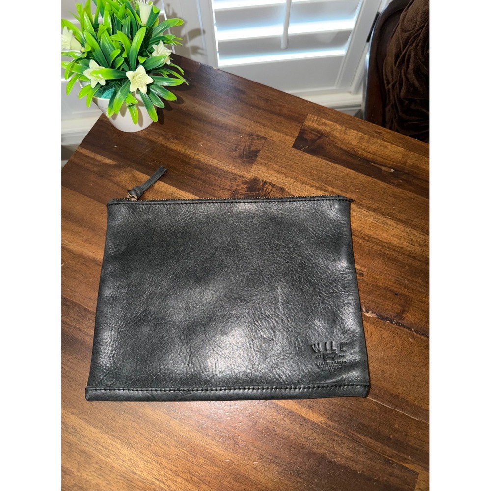 Will Leather Goods Black Distressed Leather Zipper Pouch Clutch Bag